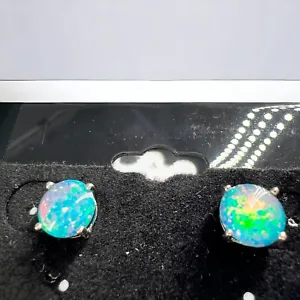 .925 Sterling Silver & Teal Blue Green Fire Opal Round Stud Earrings - Picture 1 of 10