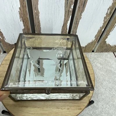 Vintage Trinket Jewelry Box Etched Mirrored Glass Brass Unicorn Frosted Design - Image 1 of 4