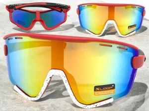 OVERSIZED Vintage Retro Sporty Wrap Shield Style SUN GLASSES Red & White Frame - Picture 1 of 6