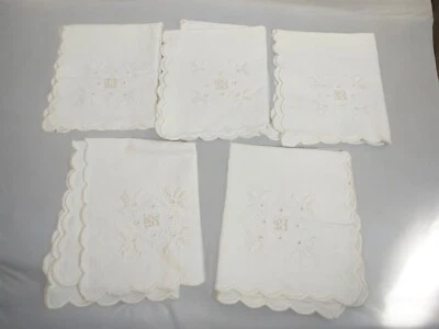 Set of 5 White Cloth Placemats with Embroidery, Cutwork, and Scalloped Edges - Image 1 of 4