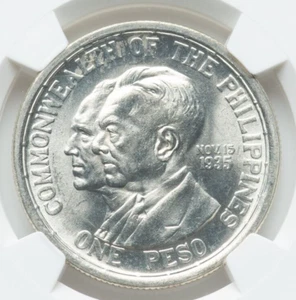 1936 M USA Philippines One Peso NGC MS65 Bright White Lustrous Gem Murphy Quezon - Picture 1 of 5