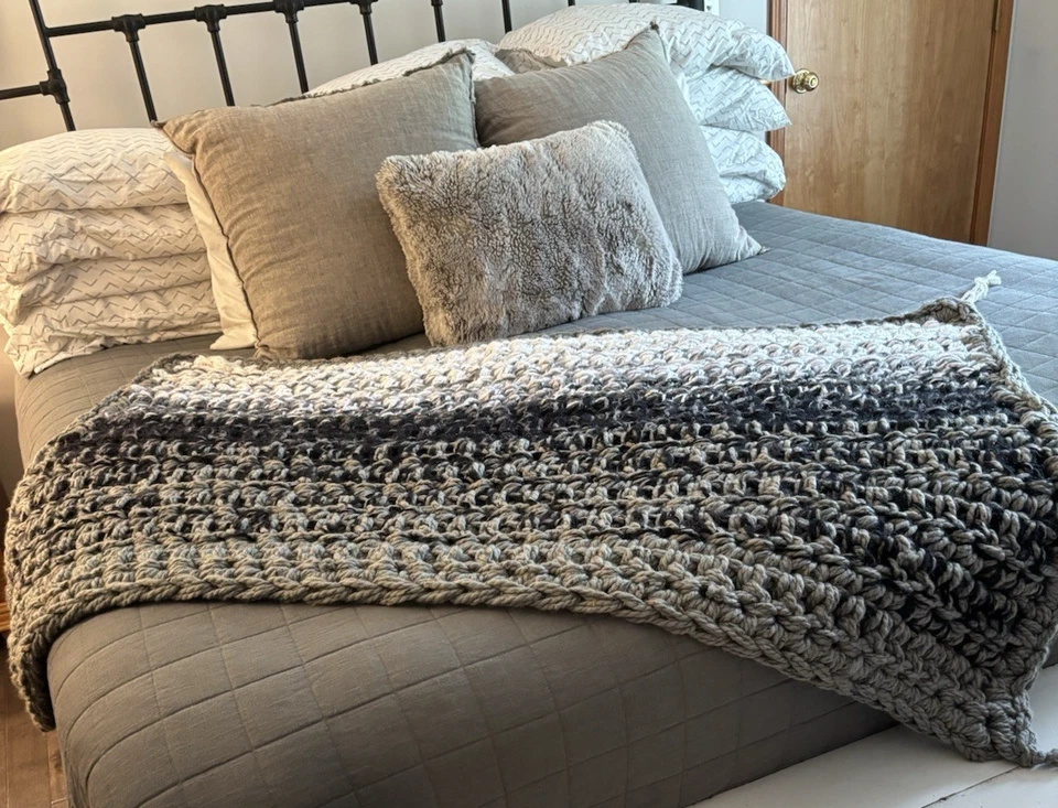Handmade Gray & White Tweed Chunky Crochet Decorative Throw Blanket 54 x 38 in - Image 1 of 4