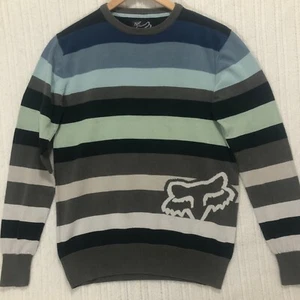 Fox Racing Striped Knit Sweater Pullover Jumper Logo Blue Gray Mens Size M - Picture 1 of 8