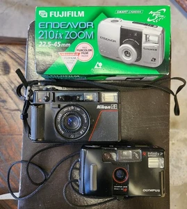 3 Pc. Preowned Vintage 1990s Point-and-Shoot Cameras Fujifilm/Olympus/Nikon - Picture 1 of 24