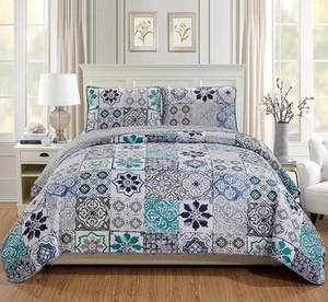 Mk Home 3pc King/California King King, White, Grey, Blue  - Picture 1 of 2