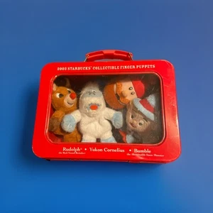 Starbucks 2003 Collectible Finger Puppets Yukon Cornelius, Rudolph, Bumble Tin - Bild 1 von 3