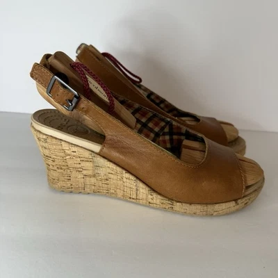 Crocs A-Leigh Brown Leather Slingback Cork Wedge Heels Sandals- Womens Size US 9 - Image 1 of 4