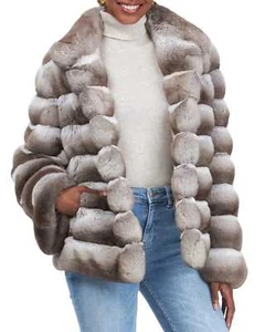 Women's Chinchilla Coat Winter Real Rex Rabbit Fur Jackets Warm Winter Outwear - Bild 1 von 4