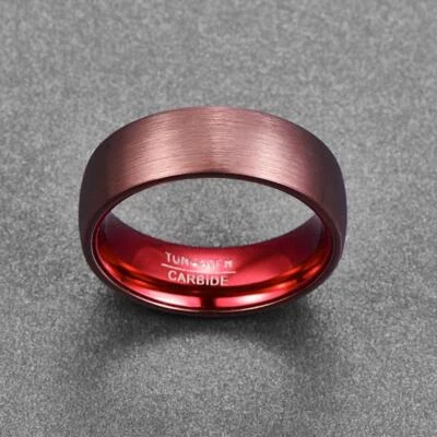 Anillos de tungsteno rojo marrón de 8 mm para hombre alianza de boda cepillada con cúpula de tungsteno Foto 1 de 3