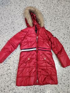 Tommy Hilfiger Big Girl Red Long Puffer Jacket Size Med (8/10) Sequin Heart Fur