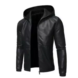 Chaquetas de cuero sintético con capucha y cremallera para hombre Prendas exteriores de motocicleta Abrigos informales ajustados de motociclista - Imagen 1 de 9