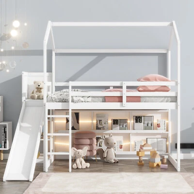 Twin Size Wood House Loft bed with Slide, Storage shelves and Light, White - Image 1 of 4