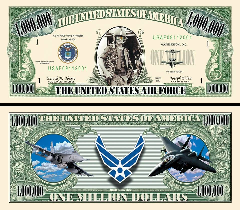 US Air Force Million Dollar Bill Play Funny Money Novelty Note with FREE SLEEVE