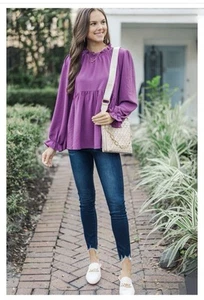 Muted Plum Babydoll Top | Long Sleeves, Ruffles | Julep Boutique | Small | NWT - Picture 1 of 7