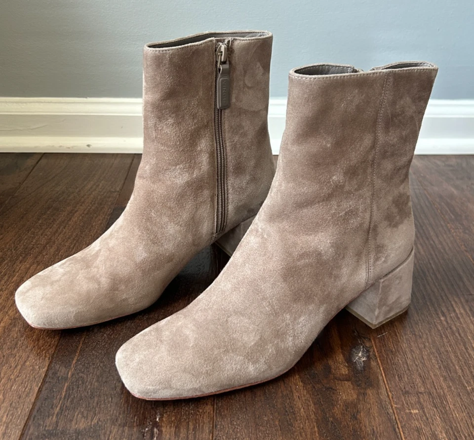 Vince Kaye Suede Block Heel Zip Ankle Booties Light Woodsmoke Taupe Sze 8 Square - Image 1 of 4
