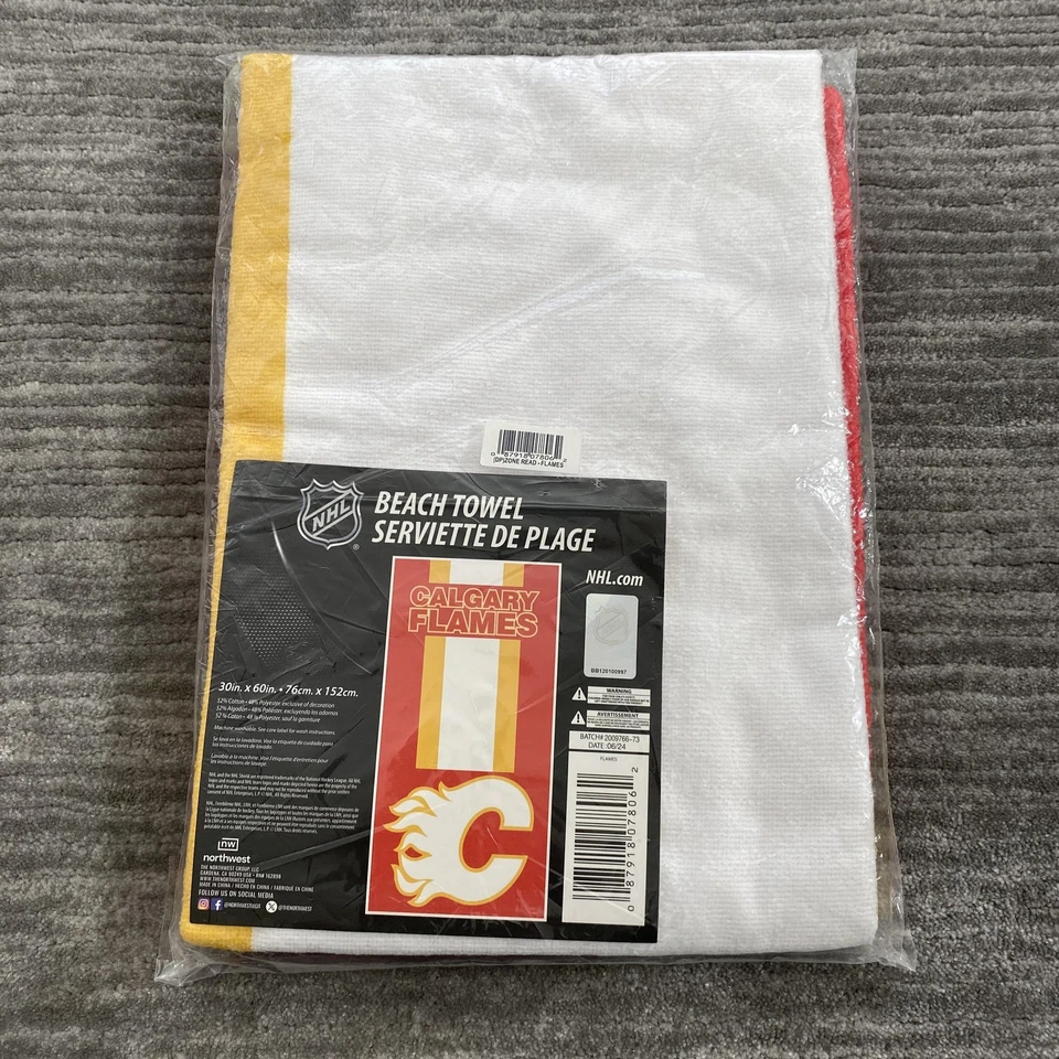 Toalha de praia Calgary Flames 30x60 vermelha amarela NHL hóquei noroeste nova oficial - Imagem 1 de 3