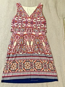 Vince Camuto BRIGHT Pink Multicolor Design V-Back Two Layer MIDI Swing Dress 10 - Picture 1 of 9