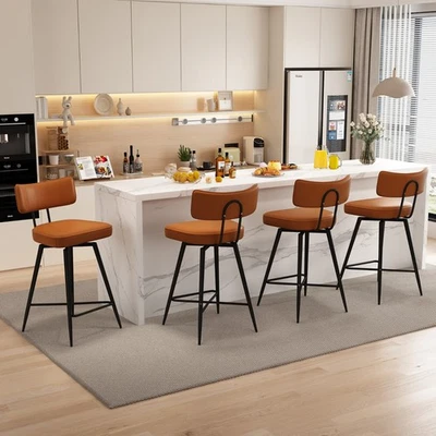 Swivel Bar Stools, Leather Kitchen Stools with Back Footrest Metal Legs - Image 1 of 4