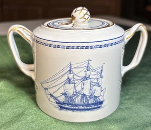 Copeland Spode Trade Winds Blue Covered Sugar Bowl Sailing Ship Gold Trim EXC!! - Picture 1 of 11