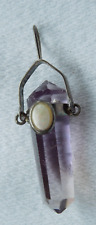 Hexagon Column Amethyst pendant with opal oval stone  Silver