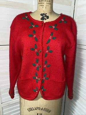 Suéter Cárdigan Vintage Tally Ho Para Mujer Rojo Acrílico Navidad Botón Delantero Med Foto 1 de 4