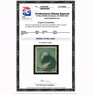 EXCEPTIONAL GENUINE SCOTT #213 USED 1887 GREEN ABNC PSE CERT GRADED XF-90J JUMBO - Image 1 of 3