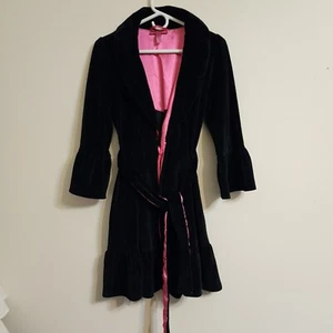 Betsey Johnson Intimates Pink Satin Velvet Robe Women M Bow Lace Ruffle Hem - Picture 1 of 21
