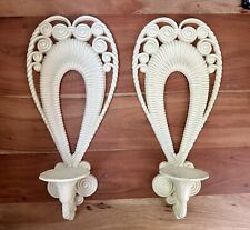 Vtg Burwood Plastic Faux Wicker Wall Sconce Candle Holder MCM White Set Of 2 17”