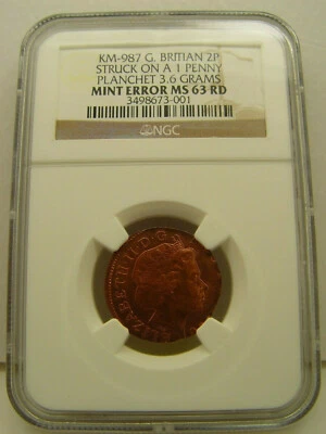 KM 987 G Britain 2P Struck on 1 Penny Planchet (MS-63) - Lot Book End - Image 1 of 4