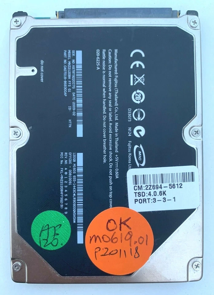 AU Hard drive: Apple Fujitsu 120Gb 2.5" 5400 SATA MHZ2120BH 655-1443 661-4700 - Image 1 of 1