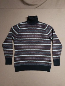 LL Bean Sweater Women L Navy Fair Isle Cotton Cashmere Turtleneck Jumper EUC - Picture 1 of 9