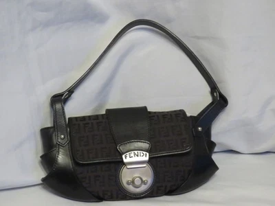 Authentic Small Black Fabric and Leather Logo Shoulder Purse - Image 1 of 4