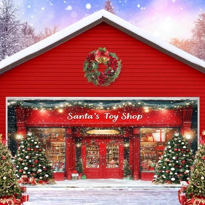 7X16ft Christmas Garage Door Decoration Background Retro Santa's Toy Shop Pho... - Image 1 of 4