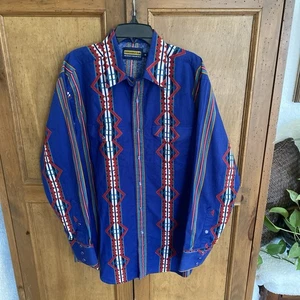 90s Panhandle Slim Shirt Men’s Medium Blue Red Western Aztec Cowboy Pearl Snap - Picture 1 of 12