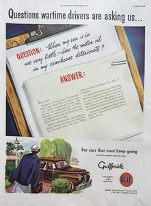 Aceite de motor Gulfpride Gulf 1943 anuncio de colección preguntas que los conductores de tiempos de guerra nos están preguntando - Imagen 1 de 1