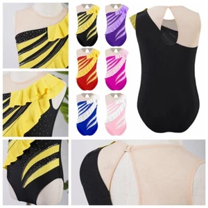 Kids Girls Rompers Gym Unitard Shiny Leotard Ruffles Bodysuit Dance Jumpsuit - Picture 1 of 53