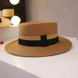 New Men’s Khaki Straw Boater Fedora Dress Hat (Size 56-58CM) - Picture 1 of 2