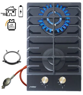 Phönix 112GBT Gaskochfeld Glas Gaskocher 2 flammig Einbaukochfeld + Wok-Aufsatz - Bild 1 von 4