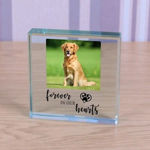 Forever Heart - Personalised Pet Dog Cat Photo Glass Block Ornament Gift 9cm - Picture 1 of 2