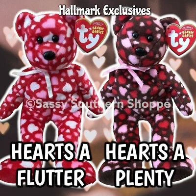 ❤ 2007 HEARTS-A-FLUTTER & HEARTS-A-PLENTY Bears Set of 2 Ty Beanie Babies *MWMT* - Image 1 of 4