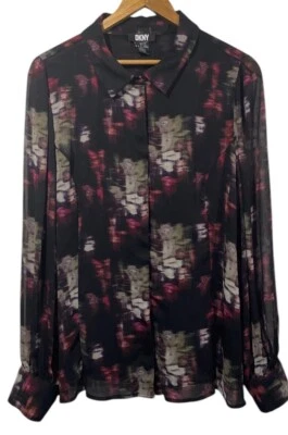 Blusa feminina DKNY manga longa estampa abstrata semi transparente tamanho XL trabalho de escritório artístico - Imagem 1 de 4