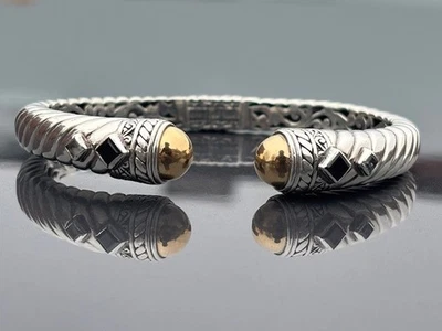 Designer ID 925 Sterling Silver 18K Gold Black Onyx Hinged Cable Bangle Bracelet - Image 1 of 4