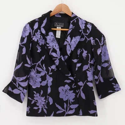 Chaqueta Blazer Alex Evenings Floral Negra Púrpura Transparente Manga 3/4 Talla Vintage S Foto 1 de 4