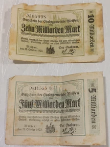 2 Banknoten Zehn + Fünf Milliarden 1923 Inflation Gutschein Notgeld Stadt Meißen - Bild 1 von 9