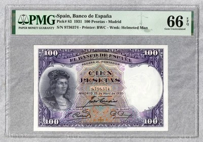 1931 Spain 100 Pesetas Banknote, PMG UNC 66 EPQ - Image 1 of 2