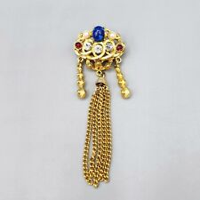 1990s Etruscan Revival Gold Tone Faux Pearl Red Blue Cab Chatelaine Chain Brooch