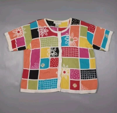Susan Bristol Sweater Womens XL Color Block Shirt Sleeve Button Up Cardigan VTG - Image 1 of 4