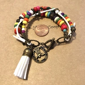 Bracelet Horseshoe Boot Charms Leather Tassel Howlite 3-layer Handmade USA 1683 - Picture 1 of 4