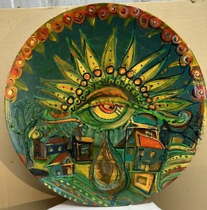 Bandeja de madera arte abstracto plato ojo sol lágrimas acrílico pintado a mano artista firmado - Imagen 1 de 14