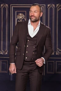 NWT 48R BROWN 3PC PINSTRIPE SUIT ,MODERN FIT, FLAT FRONT PANT, DB VEST - Picture 1 of 1